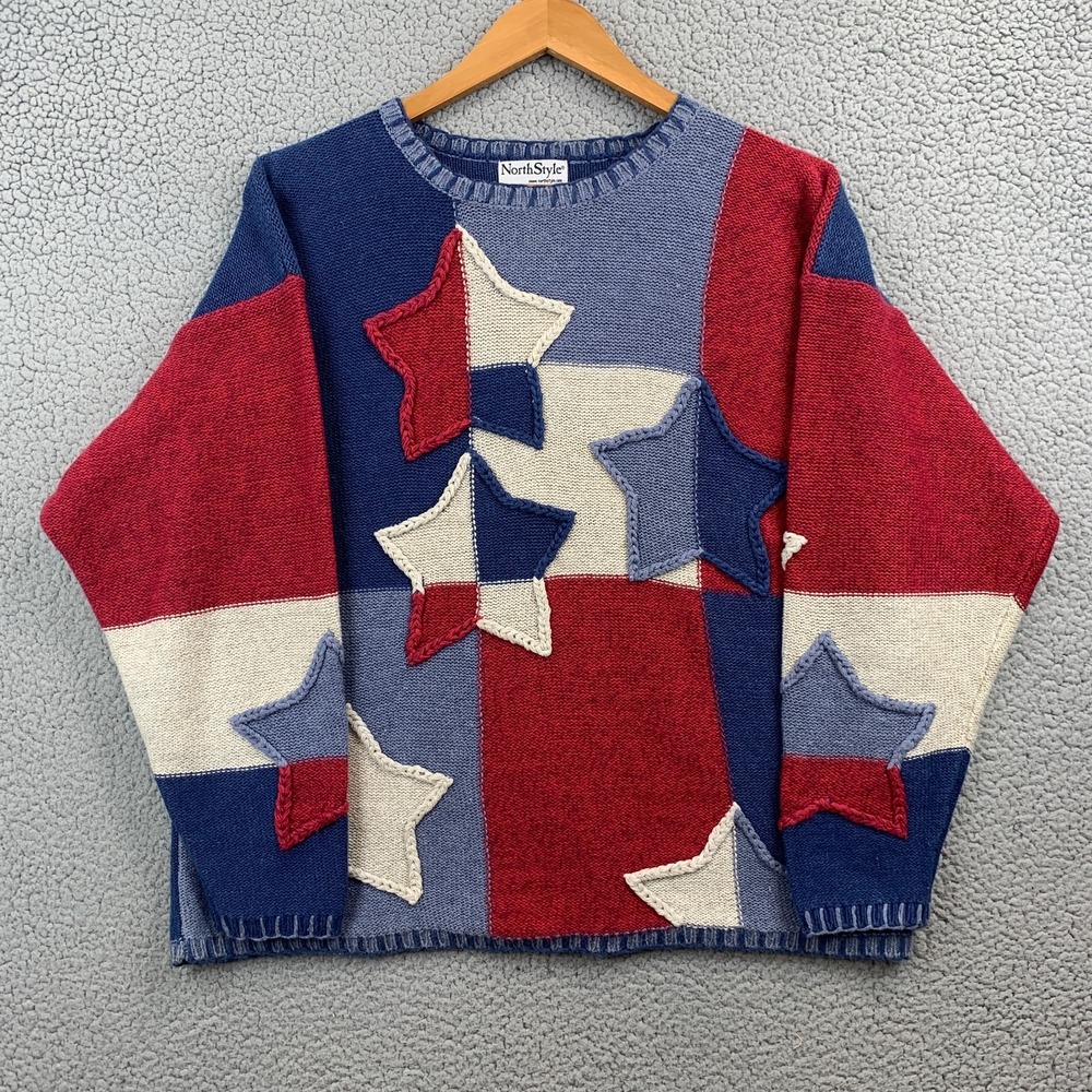NorthStyle Women's Large L Multicolor Ramie Cotton Patchwork Star Sweater